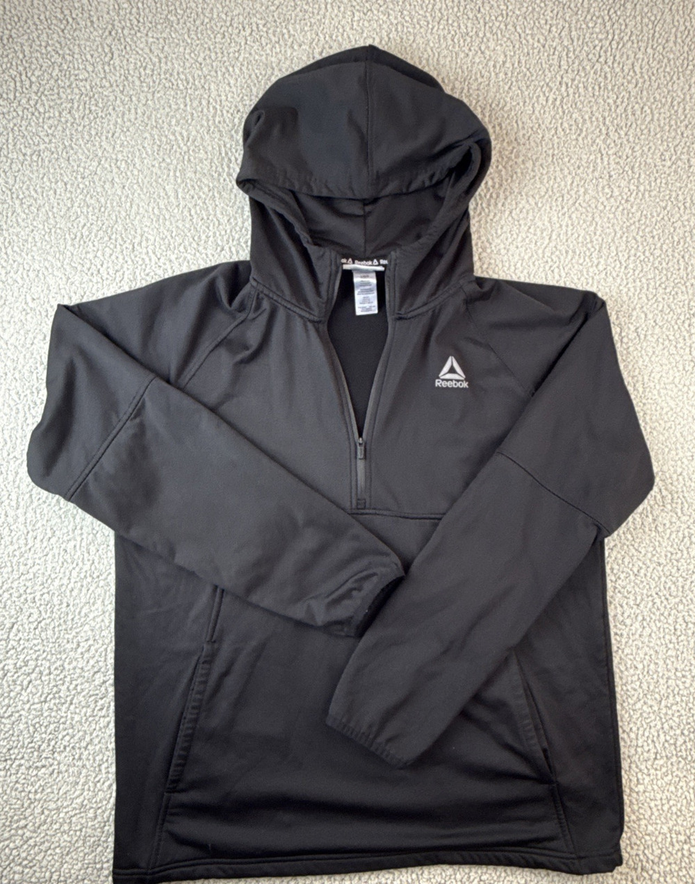 Reebok Men's Large Black Hooded Pullover Hoodie 1/2 Zip Logo Pockets Long Sleeve